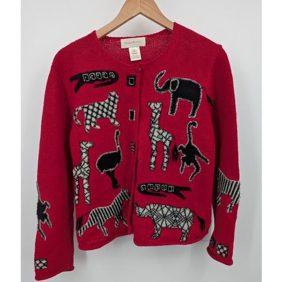 Susan Bristol Red Knit Animal Appliqué Cardigan Sweater Size S 2000 Vintage - Picture 1 of 5